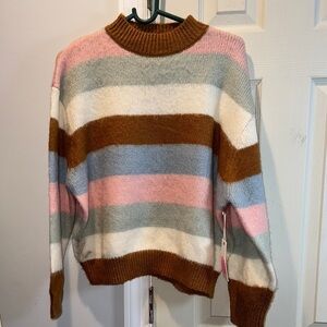 Brown and Pink Striped Crew Neck Sweater
